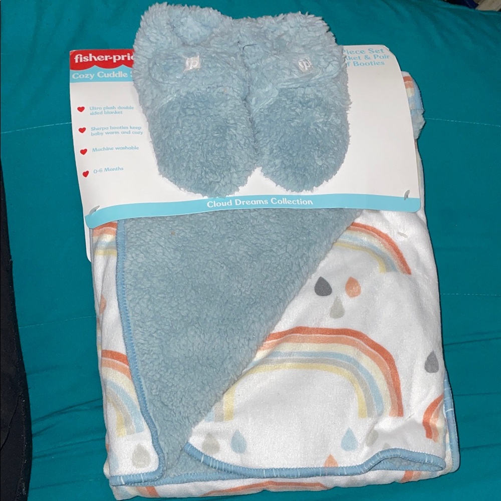 Fisher-Price Blue Blanket and Booties with Rainbow Design